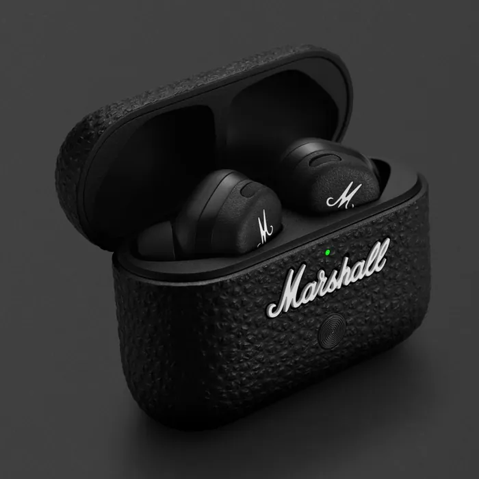 Marshall Motif II A.N.C. true wireless noise cancelling earbuds in Black, earbuds in the open charging case