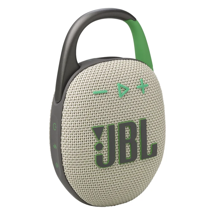 JBL Clip 5 portable Bluetooth speaker in Sand, front view