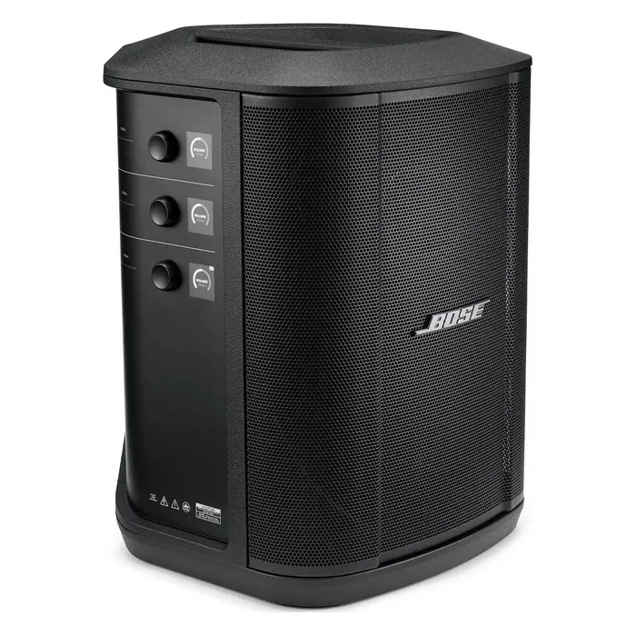 Bose S1 Pro+ portable PA system in Black, angled front view with the channel controls