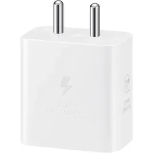 Samsung 25W USB-C Power Adapter without Cable - White, front view with the plug pins