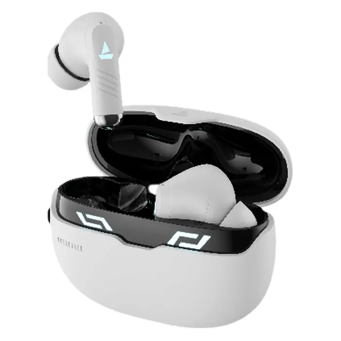 boAt Immortal 101 true wireless gaming earbuds in White Sabre, earbuds with the open charging case