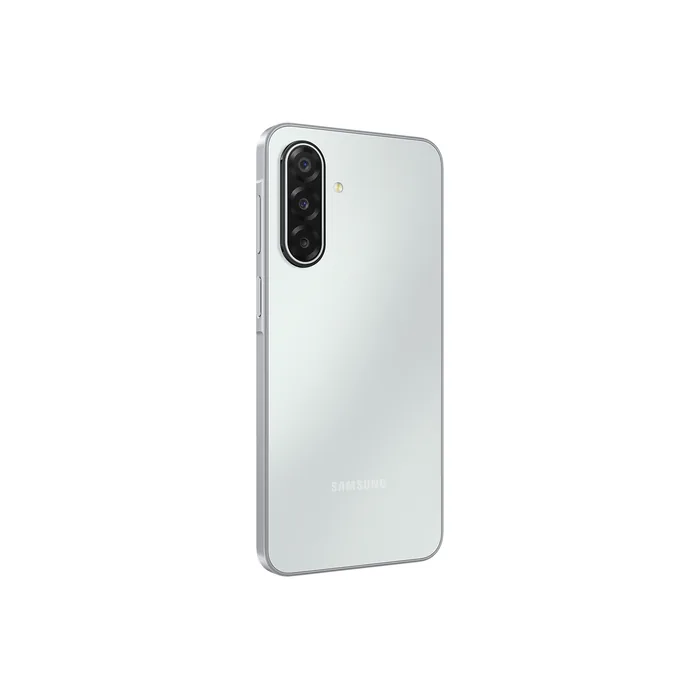 Samsung Galaxy M17 5G in Moonlight Silver, angled back view showing the triple camera and the side keys