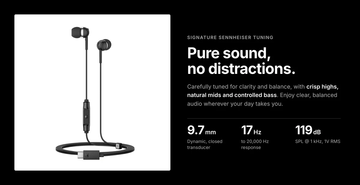 Sennheiser CX 80U signature tuning with crisp highs, natural mids and controlled bass, 9.7 mm transducer