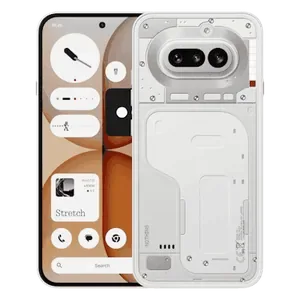 Nothing Phone (4a) in White, back view showing the transparent design, dual camera and Glyph Bar