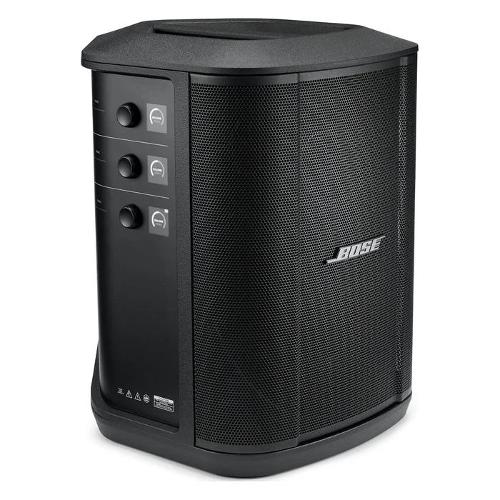 Bose S1 Pro+ portable PA system in Black, angled front view with the channel controls