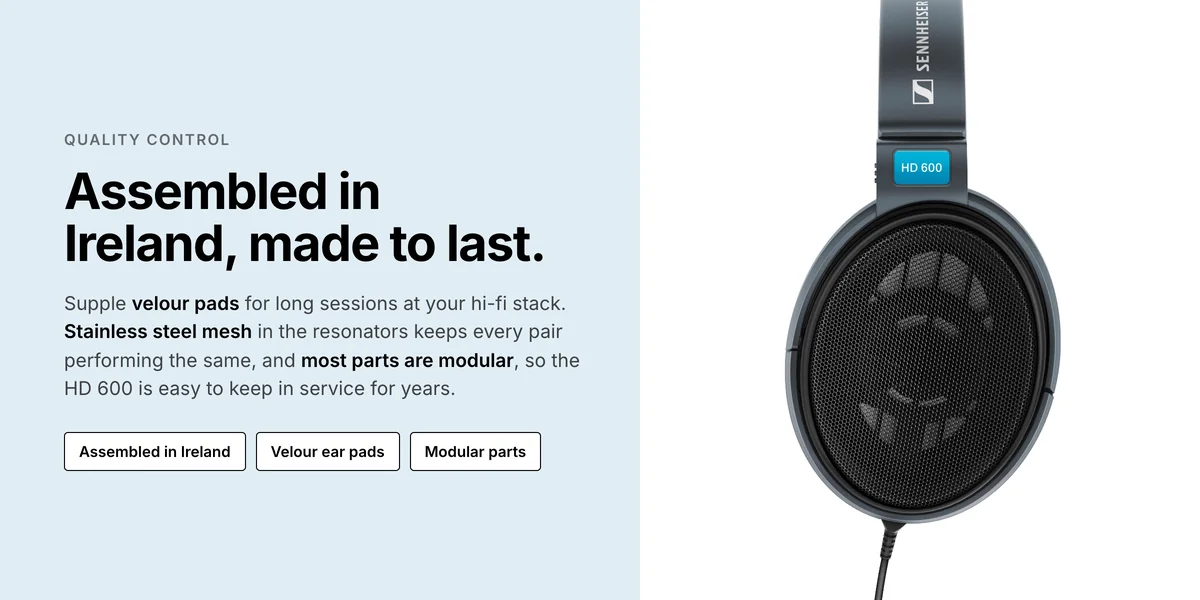 Sennheiser HD 600 side view, assembled in Ireland with velour ear pads and modular parts