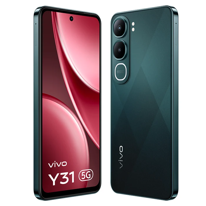 Vivo Y31 5G in Coral Green, angled front view next to an angled back view