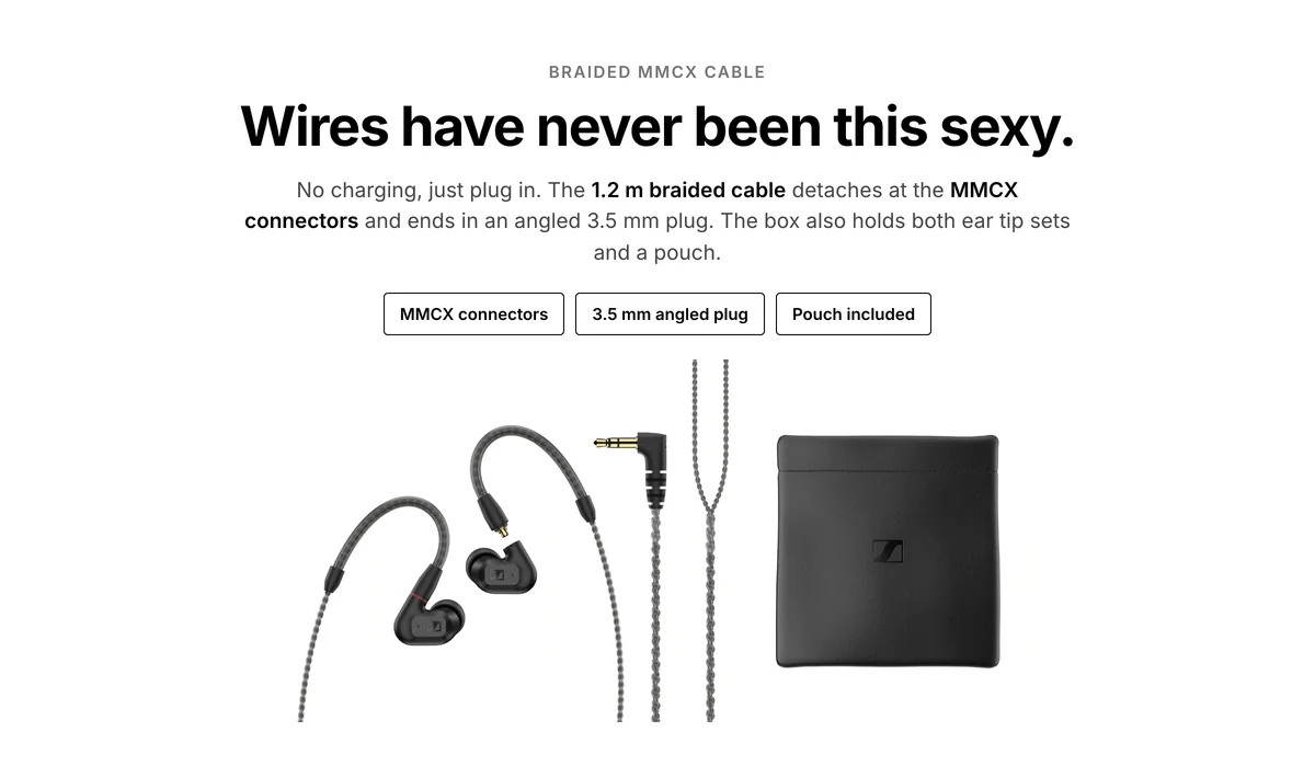 Sennheiser IE 200 with 1.2 m braided MMCX cable, angled 3.5 mm plug and pouch