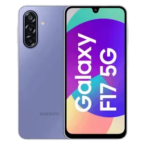 Samsung Galaxy F17 5G in Violet Pop, back view and front screen with the main features listed