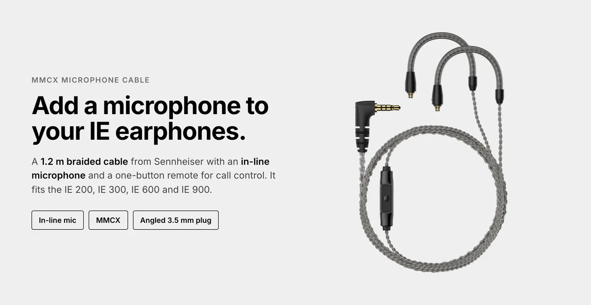Sennheiser MMCX microphone cable for IE 200, IE 300, IE 600 and IE 900, 1.2 m braided with in-line mic