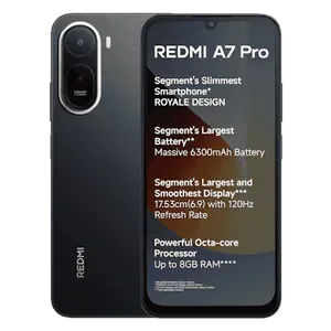 Redmi A7 Pro 4G in Black, back and front views with key features
