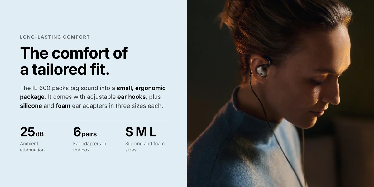 Woman wearing Sennheiser IE 600 with ear hooks, silicone and foam ear adapters in S, M, L, 25 dB attenuation