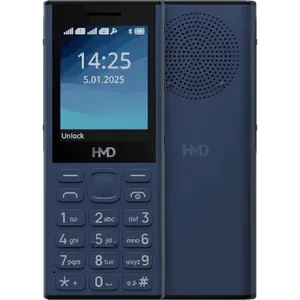 HMD 130 Music in Blue, front with the 2.4-inch screen and keypad next to the back with the large speaker grille