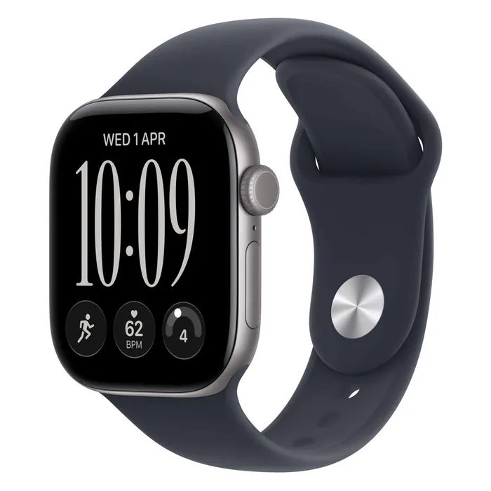 Apple Watch Series 12 42mm in Space Grey Aluminium with the Navy Blue Sport Band, three-quarter view with the watch face on