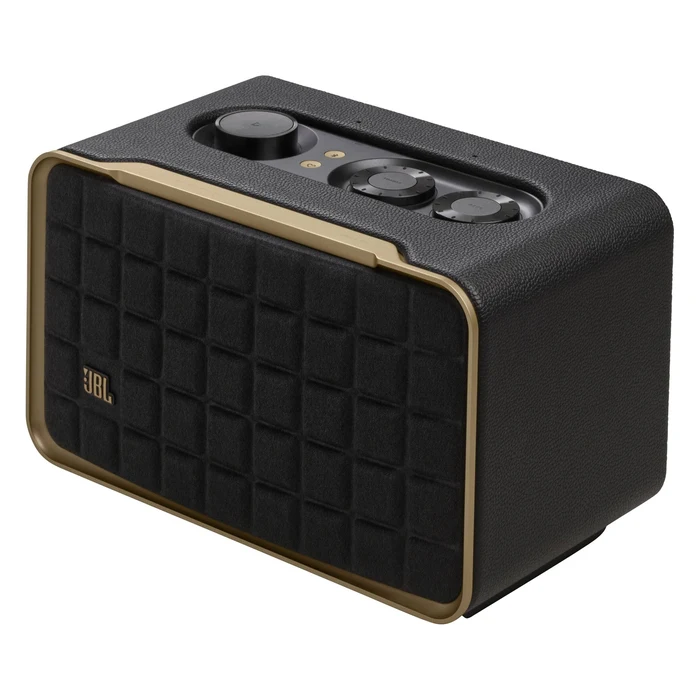 JBL Authentics 200 smart home speaker in Black, angled front view