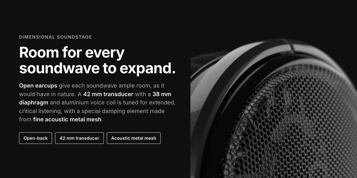 Sennheiser HD 650 earcup grille close-up, open-back design with 42 mm transducer and acoustic metal mesh