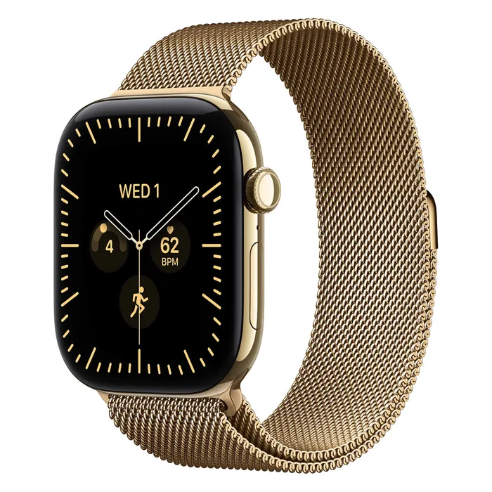 Apple Watch Series 12 46mm in Radiant Gold Titanium with the Radiant Gold Milanese Loop, three-quarter view with the watch face on