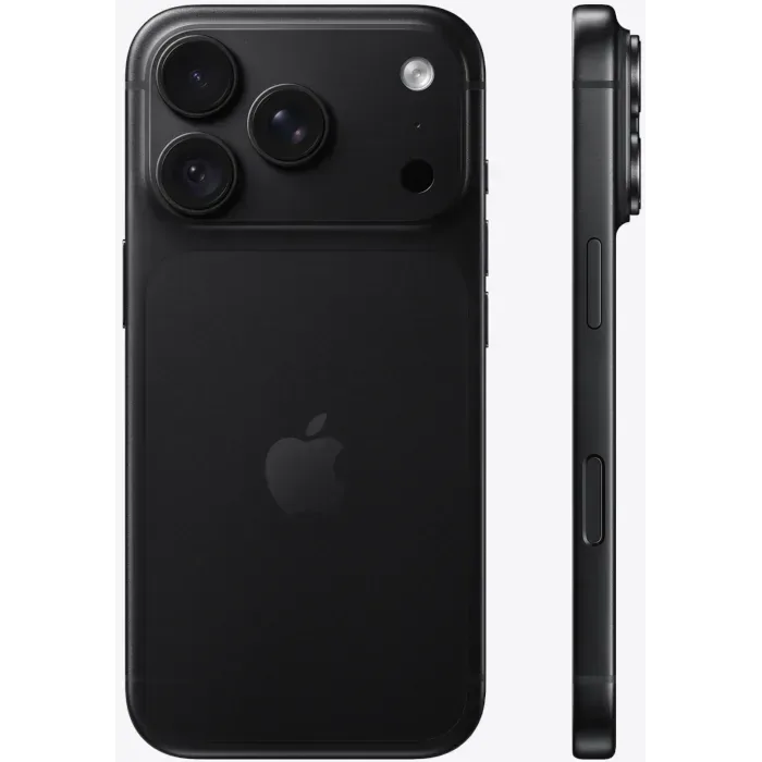 Apple iPhone 18 Pro in Black, back view next to the side profile with the buttons