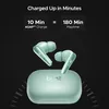boAt Airdopes 280 ANC true wireless earbuds in Aquamarine Green, earbuds above the case, ASAP Charge 10 minutes for 180 minutes