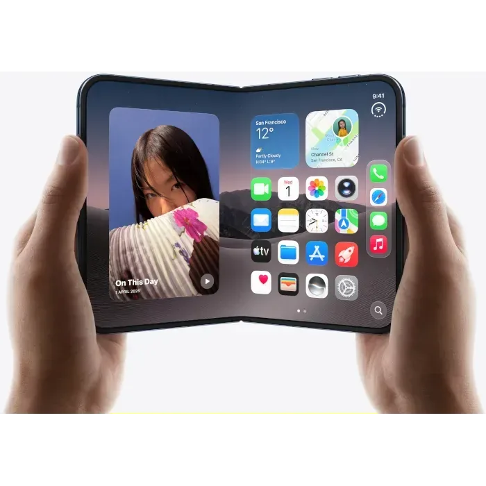 Apple iPhone Duo in Night Sky, open in two hands showing the Home Screen on the 7.6-inch inner display