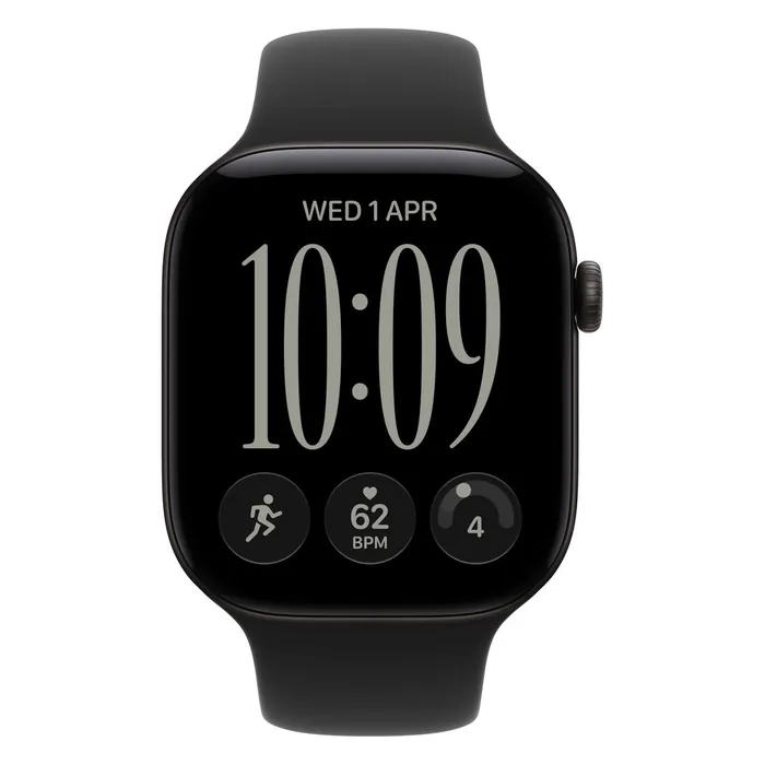 Apple Watch Series 12 46mm in Black Aluminium with the Black Sport Band, front view with the watch face on
