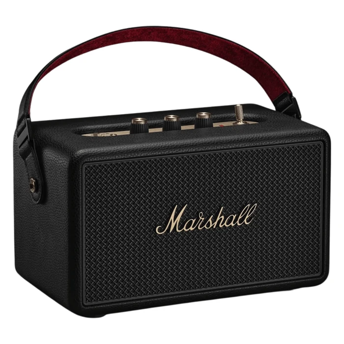 Marshall Kilburn III portable Bluetooth speaker in Black and Brass, angled front view