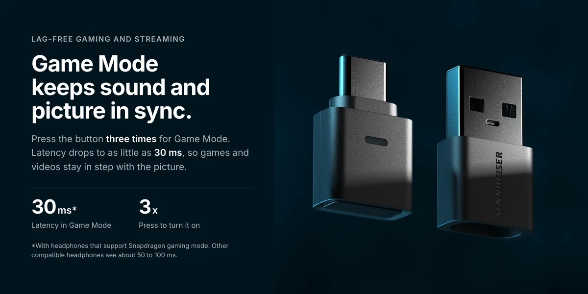 Sennheiser BTD 700 dongle and USB-A adapter, Game Mode with latency as low as 30 ms