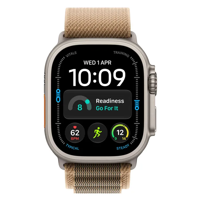 Apple Watch Ultra 4 in Natural Titanium with the Desert Alpine Loop, front view with the watch face on