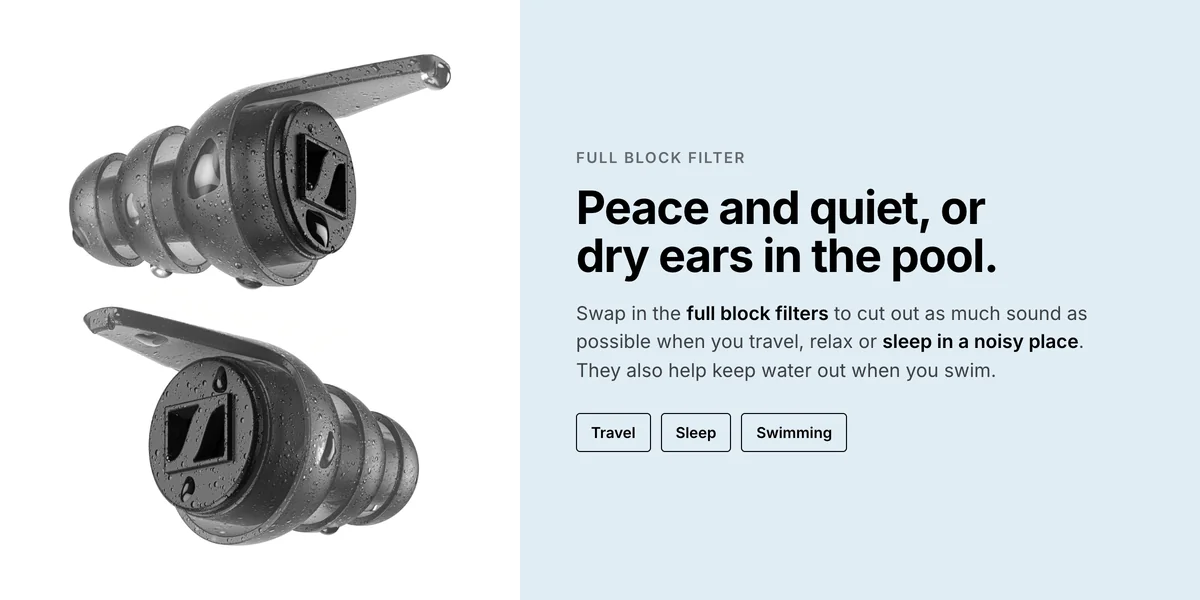 Sennheiser SoundProtex earplugs with water drops, full block filter for travel, sleep and swimming