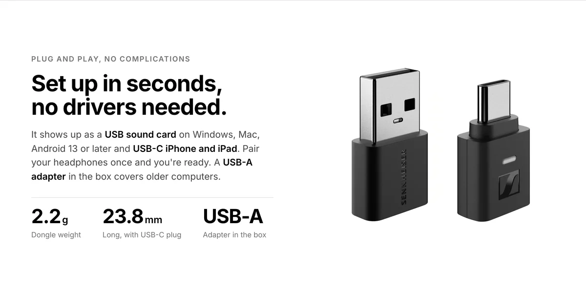 Sennheiser BTD 700 USB-C dongle and USB-A adapter, plug and play with no drivers, 2.2 g