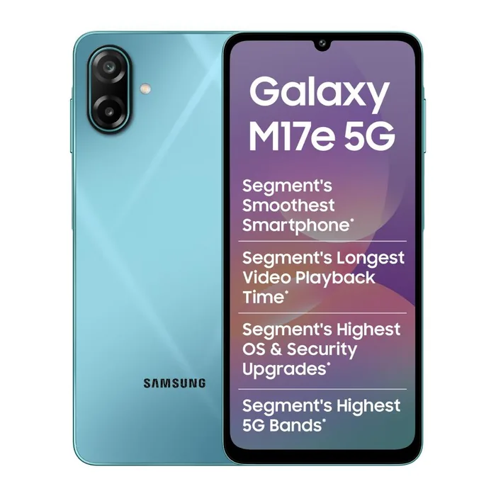 Samsung Galaxy M17e 5G in Blitz Blue, back and front views