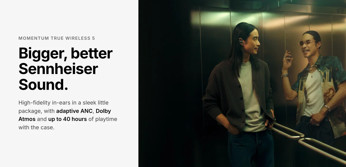 Man in a lift wearing Sennheiser Momentum True Wireless 5 earbuds, adaptive ANC, Dolby Atmos, up to 40 hours
