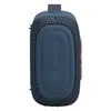 JBL Go 5 portable Bluetooth speaker in Blue, side view with the power, Bluetooth and Auracast buttons