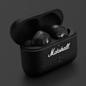 Marshall Motif II A.N.C. true wireless noise cancelling earbuds in Black, earbuds in the open charging case