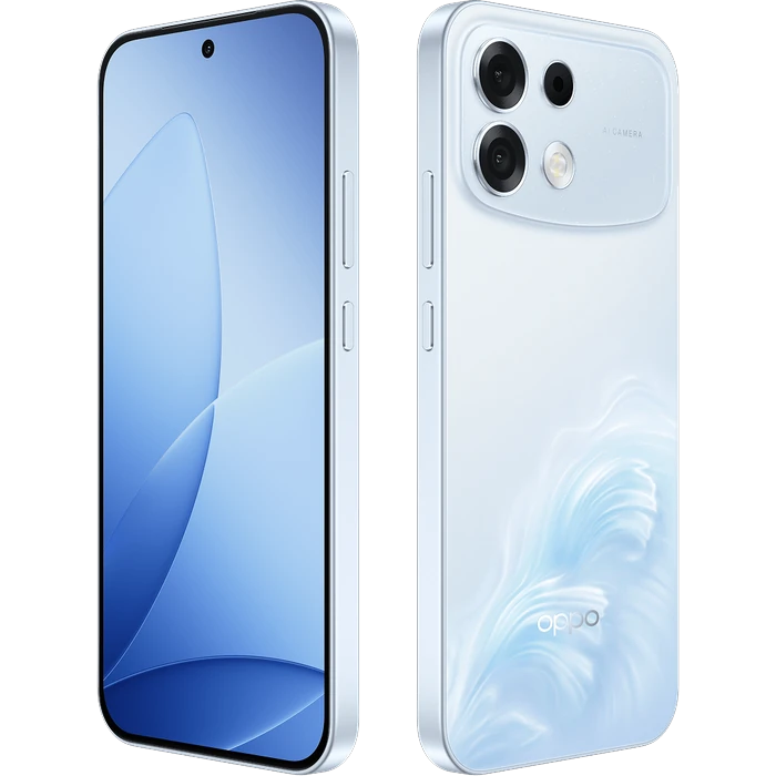 OPPO F35 Pro 5G in Wave Blue, front and back views at an angle