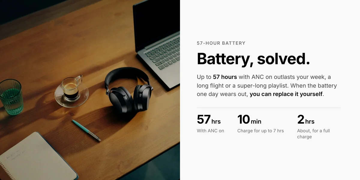 Sennheiser Momentum 5 Wireless up to 57 hours with ANC on, 10 minute charge for 7 hours, replaceable battery