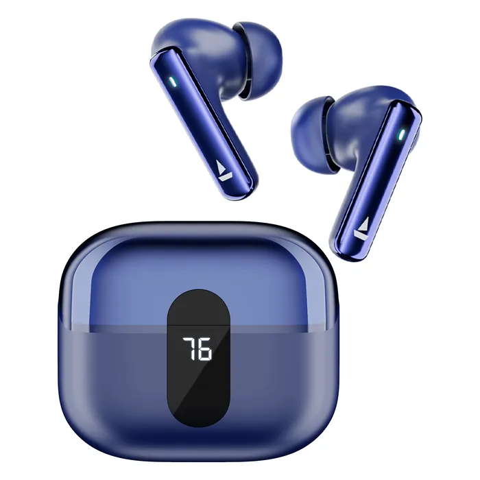 boAt Airdopes Plus 318 true wireless earbuds in Starry Blue, earbuds and charging case with digital battery display
