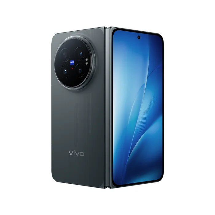 Vivo X Fold6 in Prism Black, angled back and cover screen views