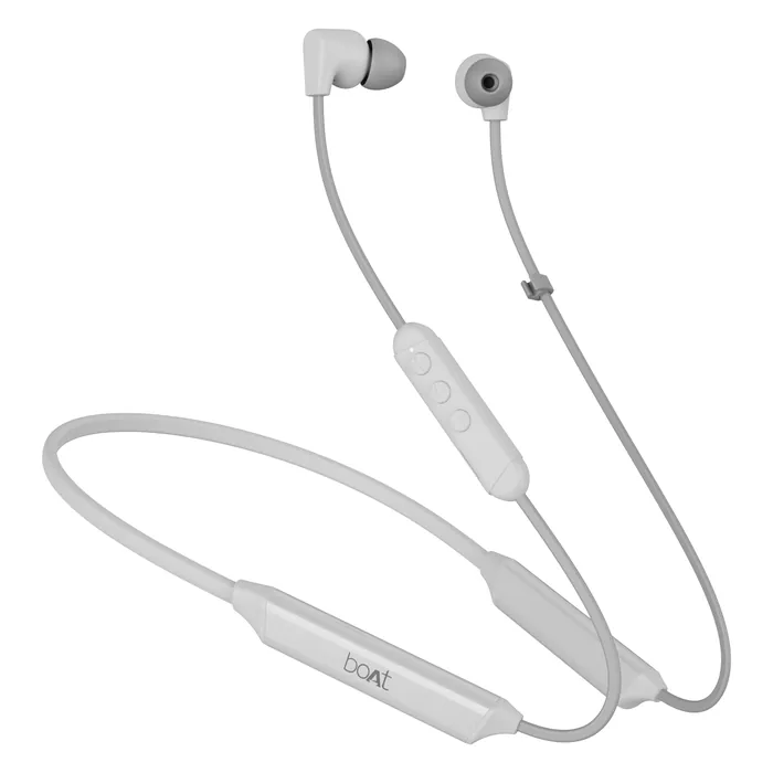 boAt Rockerz Trinity wireless neckband earphones in Kutch White, full neckband with the earbuds and the 3-button remote