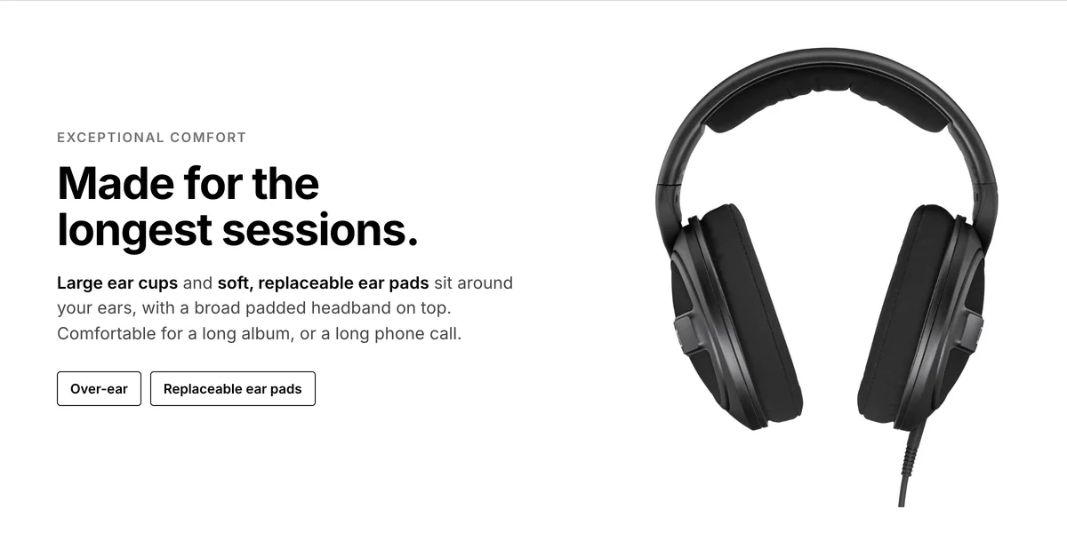 Sennheiser HD 569 front view, large ear cups and soft replaceable ear pads