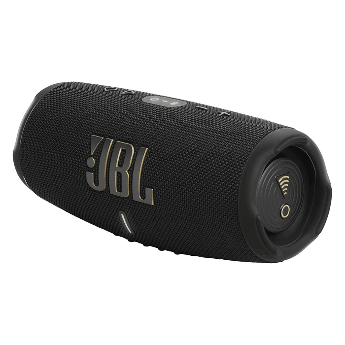 JBL Charge 5 Wi-Fi portable Bluetooth speaker in Black, angled front view