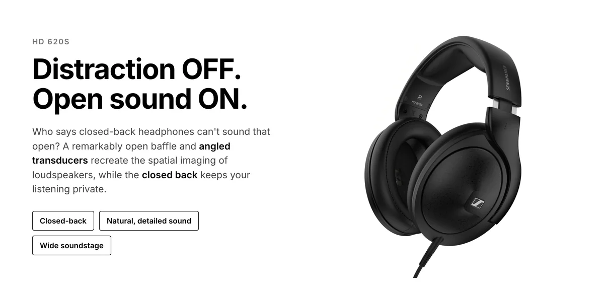 Sennheiser HD 620S closed-back headphones with angled transducers for open, natural sound