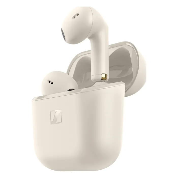 Sennheiser Accentum Open true wireless open-fit earbuds in Cream, earbuds in the open charging case