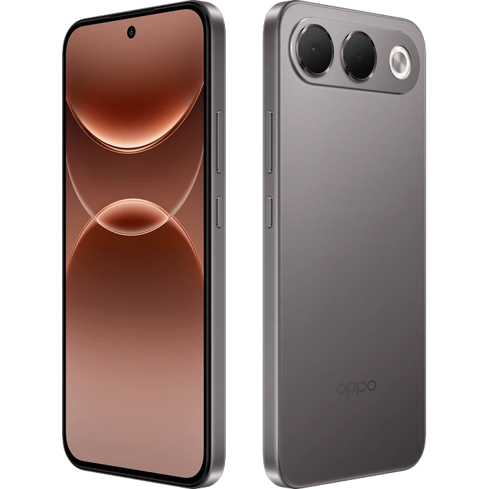 OPPO F35 5G in Titanium Grey, angled front and back views
