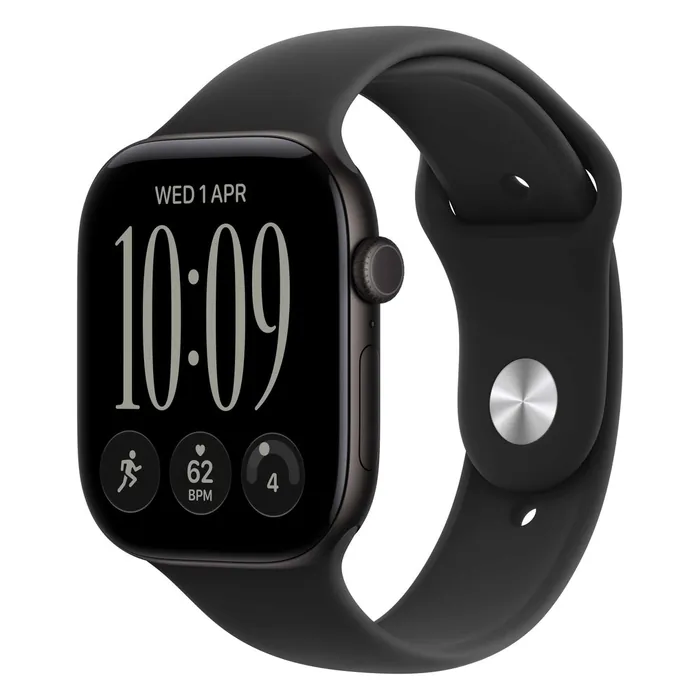 Apple Watch Series 12 46mm in Black Aluminium with the Black Sport Band, three-quarter view with the watch face on