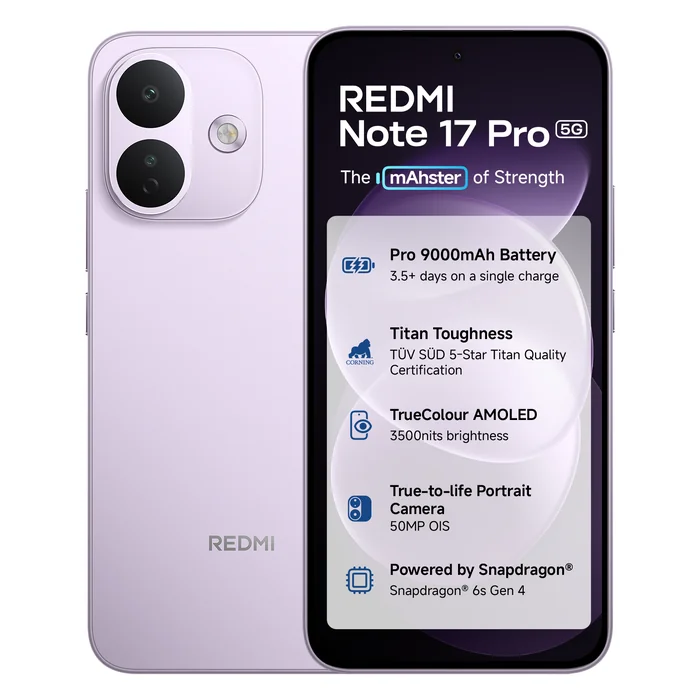 Redmi Note 17 Pro 5G in Purple Vibe, front and back views