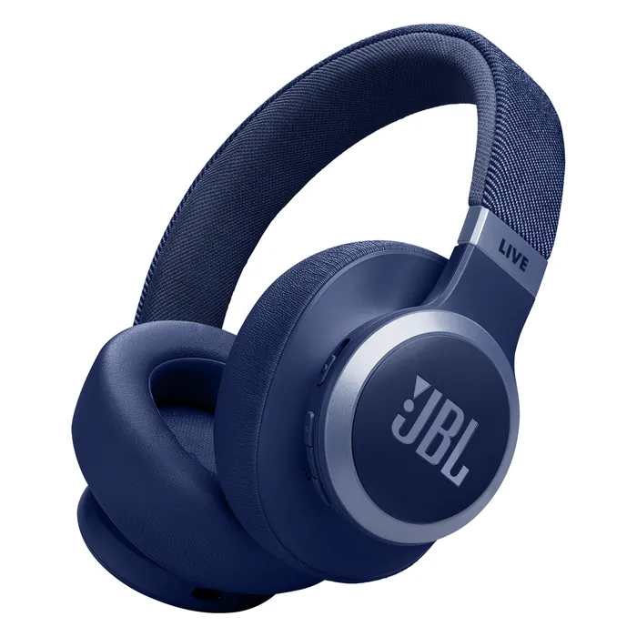 JBL Live 770NC wireless over-ear noise cancelling headphones in Blue, angled view of the headphones