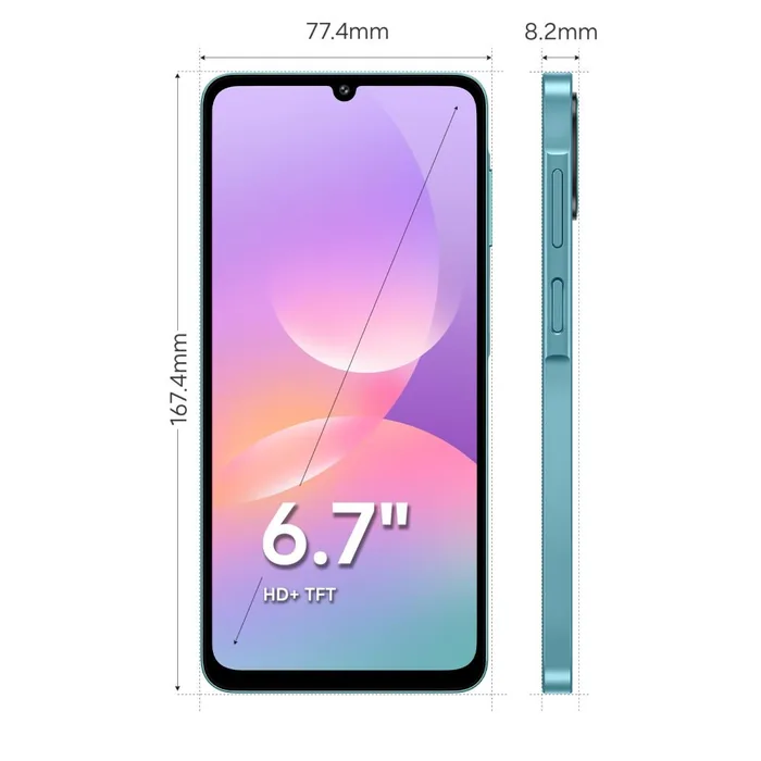 Samsung Galaxy M17e 5G in Blitz Blue, size guide with the 6.7-inch HD+ screen, 167.4 x 77.4 x 8.2 mm