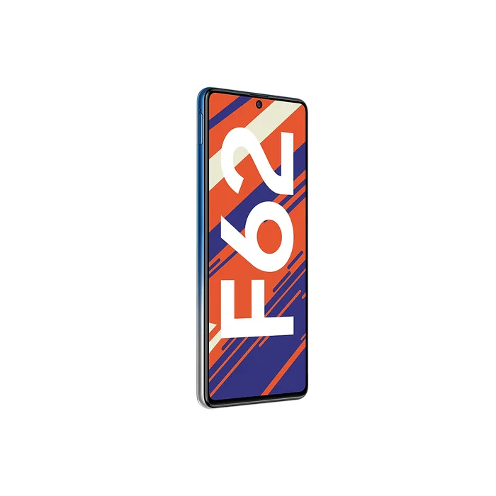Samsung Galaxy F62 4G in Laser Blue, front at an angle