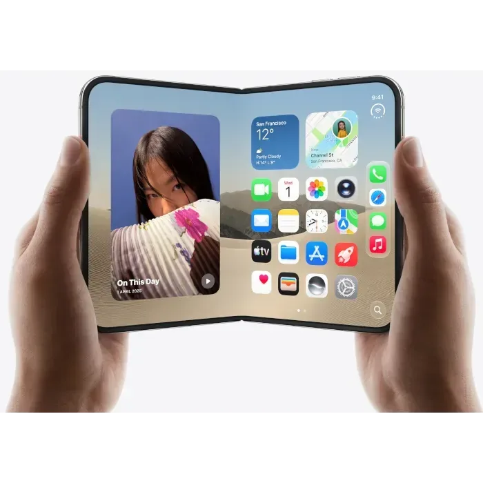 Apple iPhone Duo in Star White, open in two hands showing the Home Screen on the 7.6-inch inner display